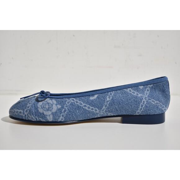 Chanel 23A Printed Denim Blue White CC Logo Bow Tie Ballet Ballerina Flat 37 - Picture 9 of 12